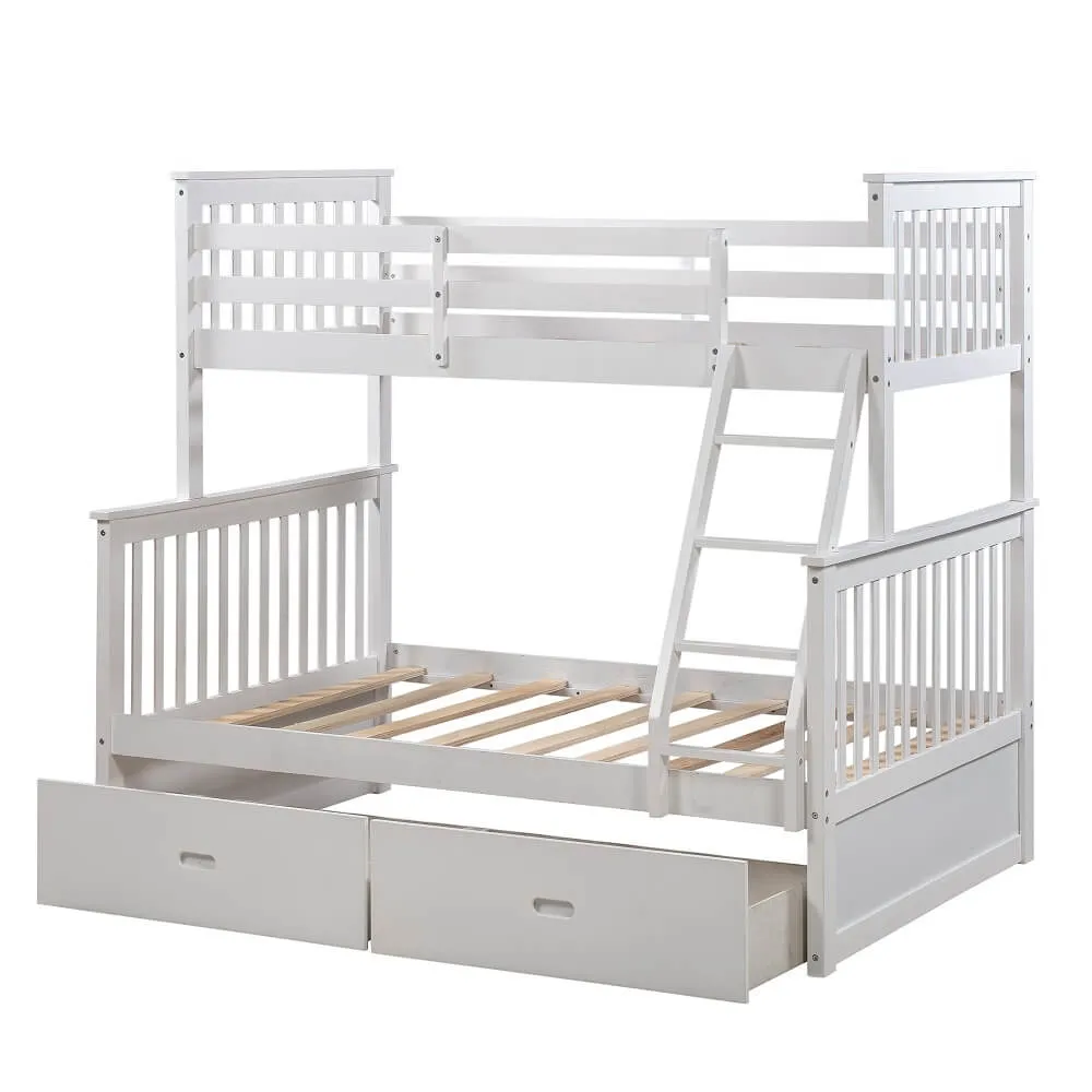 Solid Wood Bunk Beds for Kids, Twin Over Full Bunk Bed with 2 Drawers, White