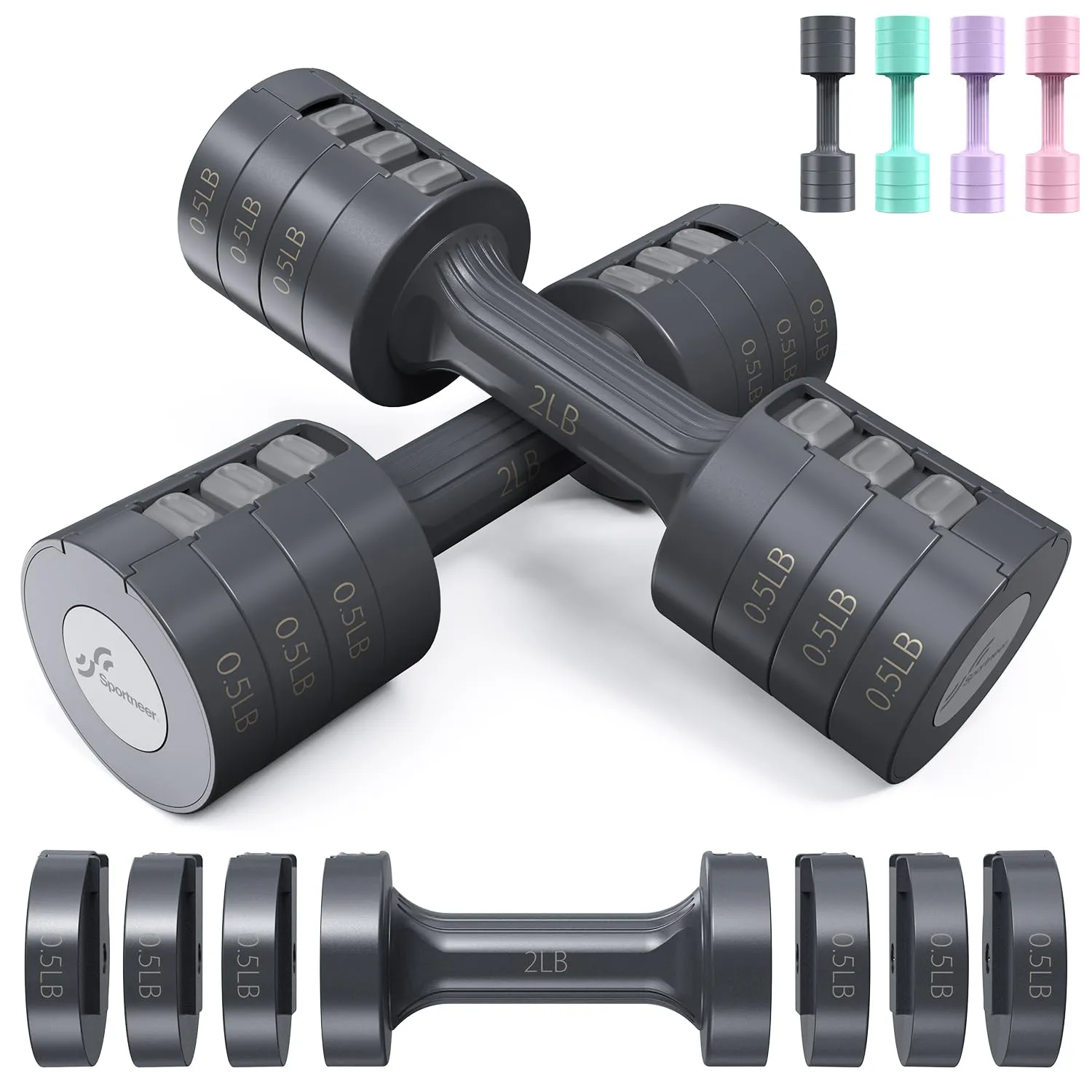 Sportneer Dumbbells Set For Home Gym 0.9/1.8/1.4/2.3 Kg Adjustable Iron Dumbbell Set Of 2 Hand Weights Free Weight Set For Women Men Seniors Workout Strength Training For Home Gym Equipment, Black