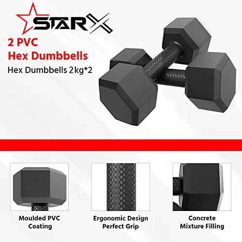 Star X Hexa PVC 2KG Dumbbell Set for Home Gym Workout, Dumbells for Fitness (Black Hexa 2KG x 2 Dumbbell (4KG))