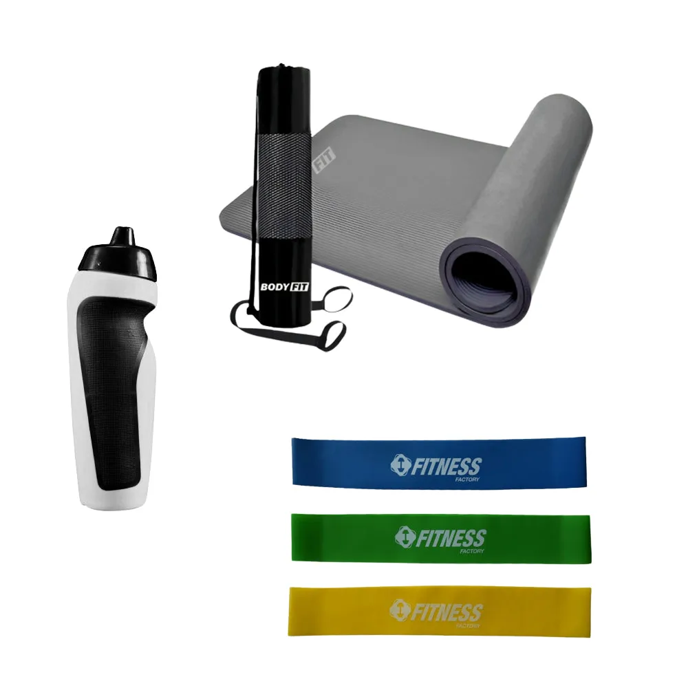 Starter Gym Kit - Fitness Mat 1.5 cm With Carry Bag   Squeeze Water Bottle 500 ml  Set Resistance Band