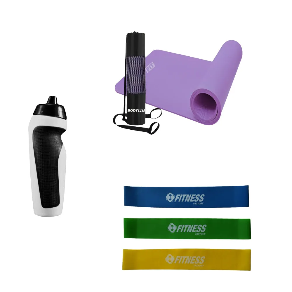 Starter Gym Kit - Fitness Mat 1.5 cm With Carry Bag   Squeeze Water Bottle 500 ml  Set Resistance Band