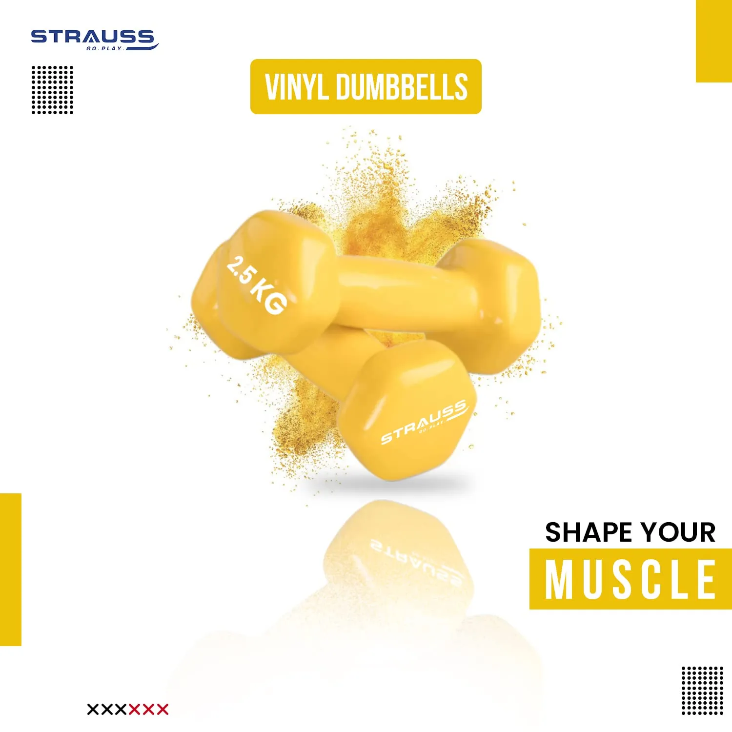 Strauss Premium Vinyl Dumbbells Weight for Men & Women | 2.5 Kg (Each) | 5 Kg (Pair) | Ideal for Home Workout , Yoga, Pilates, Gym Exercises | Non-Slip, Easy to Hold, Scratch Resistant (Yellow)m Exercises (Yellow)