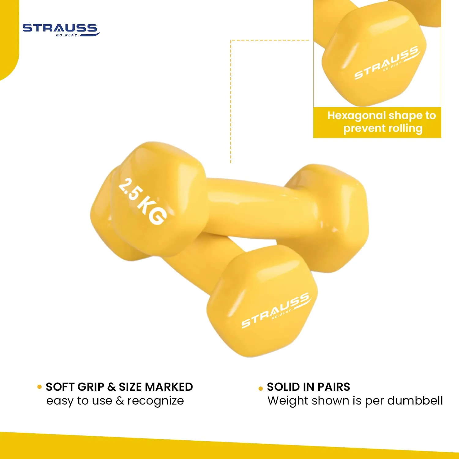 Strauss Premium Vinyl Dumbbells Weight for Men & Women | 2.5 Kg (Each) | 5 Kg (Pair) | Ideal for Home Workout , Yoga, Pilates, Gym Exercises | Non-Slip, Easy to Hold, Scratch Resistant (Yellow)m Exercises (Yellow)