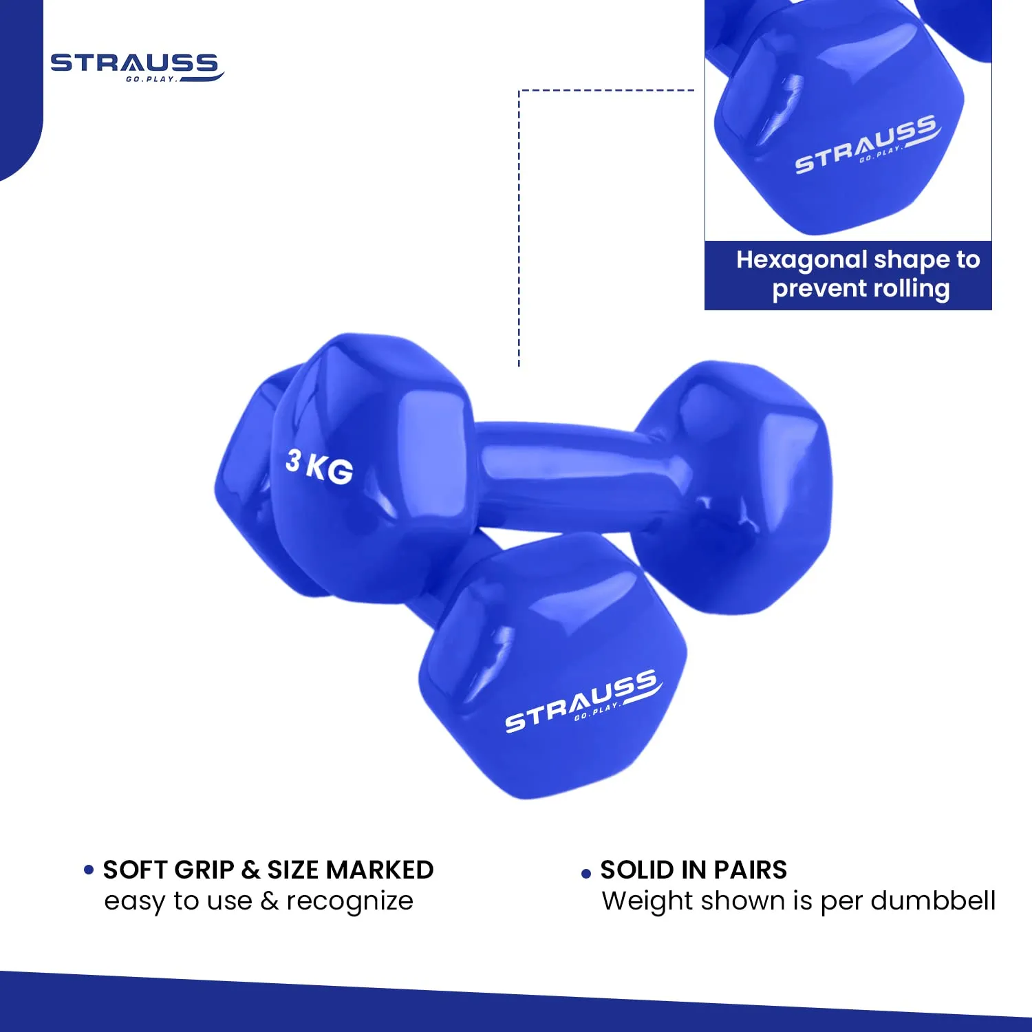 Strauss Premium Vinyl Dumbbells Weight for Men & Women | 3 Kg (Each) | 6 Kg (Pair) | Ideal for Home Workout, Yoga, Pilates, Gym Exercises | Non-Slip, Easy to Hold, Scratch Resistant (Blue)