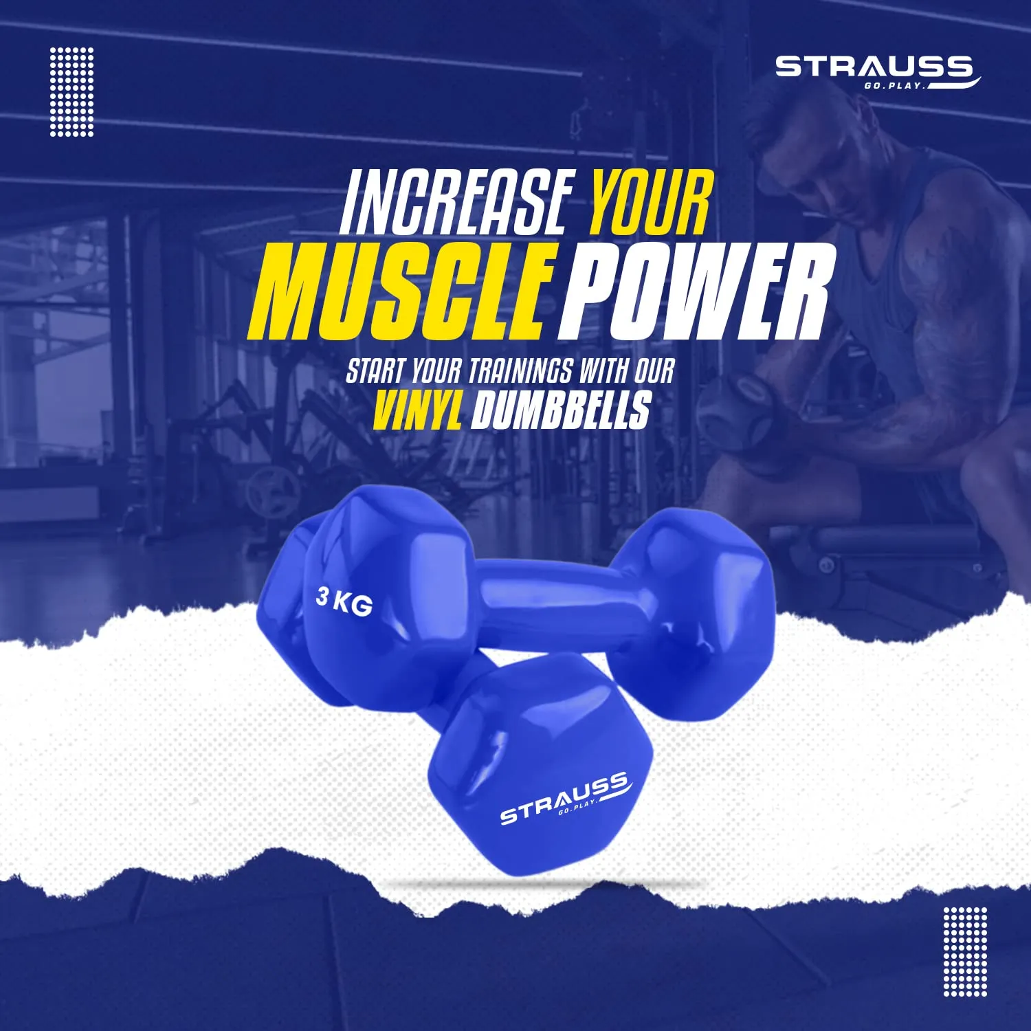 Strauss Premium Vinyl Dumbbells Weight for Men & Women | 3 Kg (Each) | 6 Kg (Pair) | Ideal for Home Workout, Yoga, Pilates, Gym Exercises | Non-Slip, Easy to Hold, Scratch Resistant (Blue)