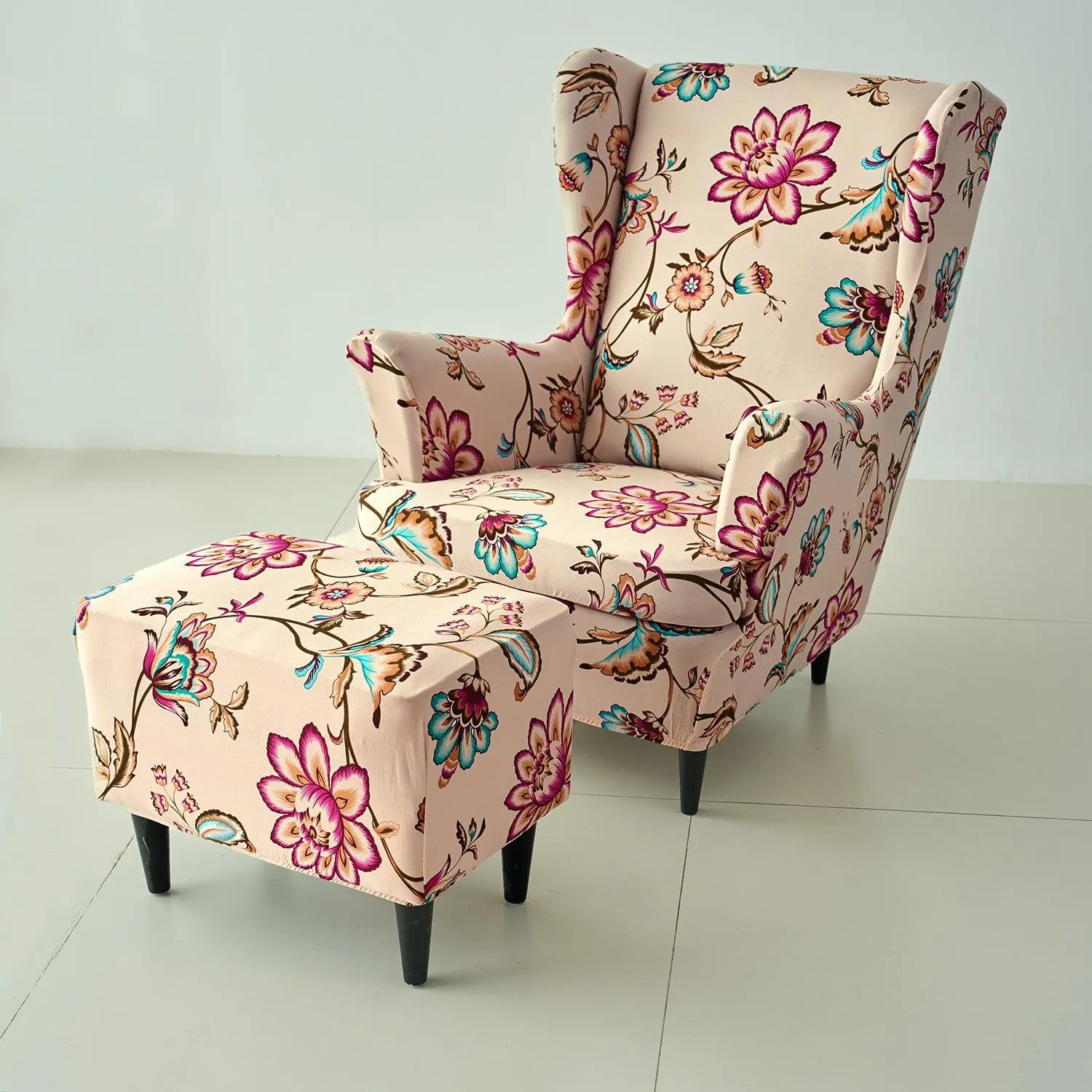 Stretchable 140 GSM Wing Chair Cover, Beach Beige Dahlia