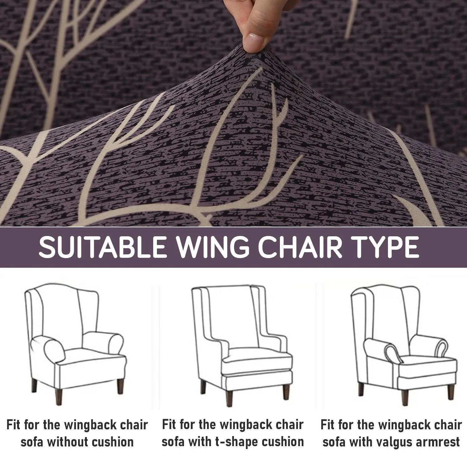 Stretchable 140 GSM Wing Chair Cover, Dark Coffee Twigs