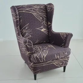 Stretchable 140 GSM Wing Chair Cover, Dark Coffee Twigs