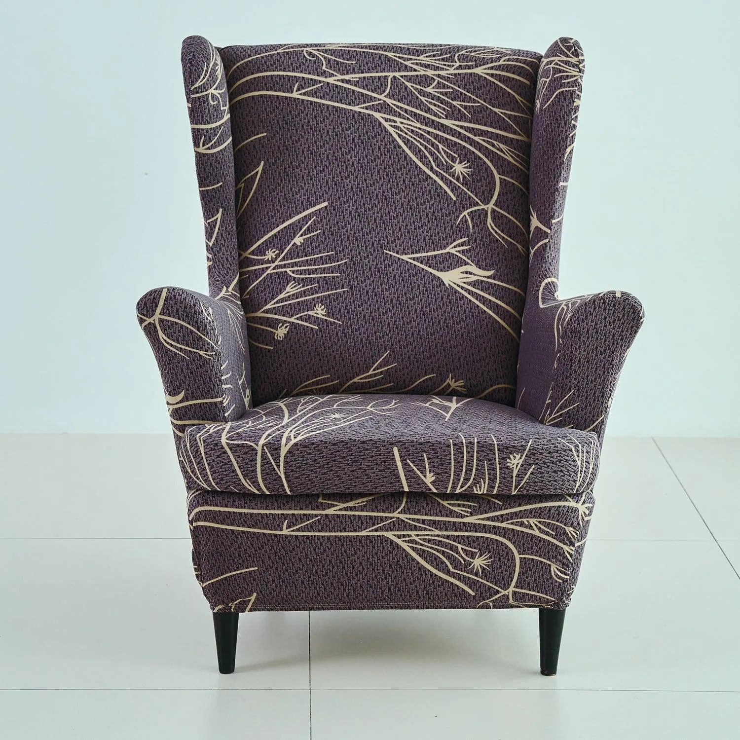 Stretchable 140 GSM Wing Chair Cover, Dark Coffee Twigs