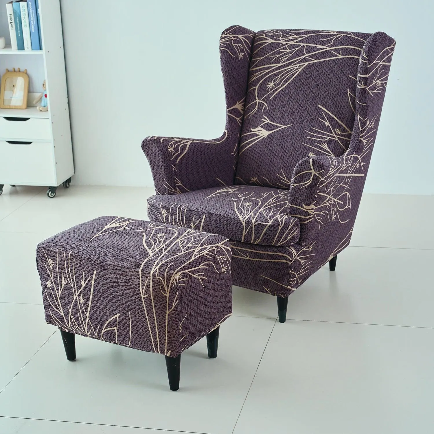 Stretchable 140 GSM Wing Chair Cover, Dark Coffee Twigs