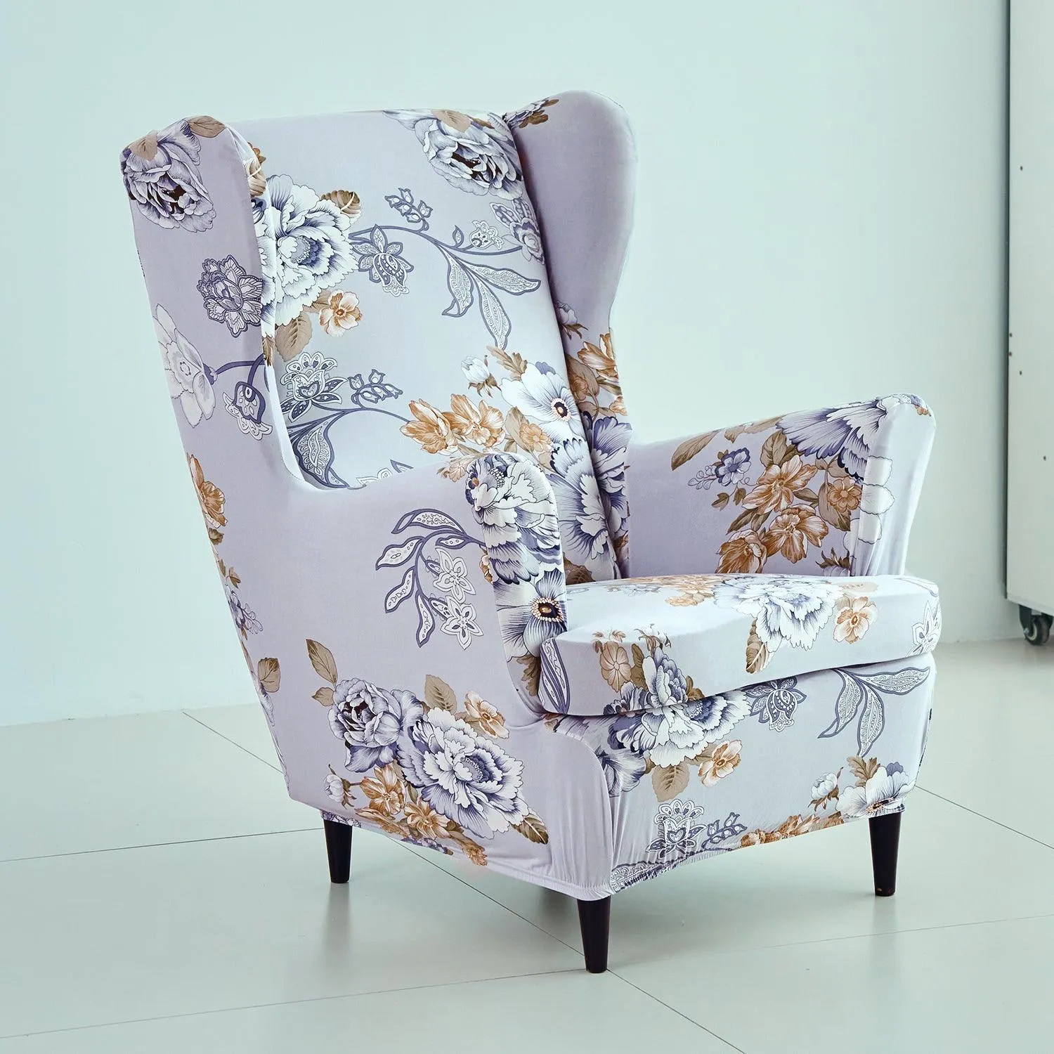 Stretchable 140 GSM Wing Chair Cover, Gentle Grey Dahlia