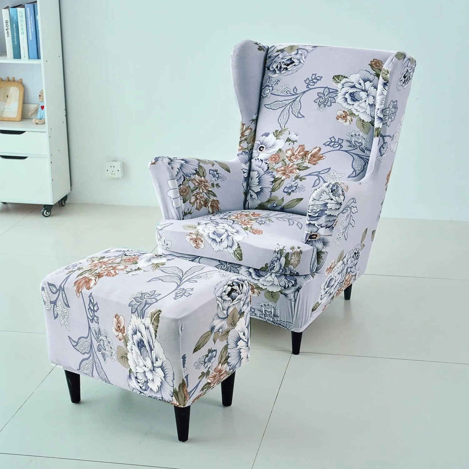 Stretchable 140 GSM Wing Chair Cover, Gentle Grey Dahlia