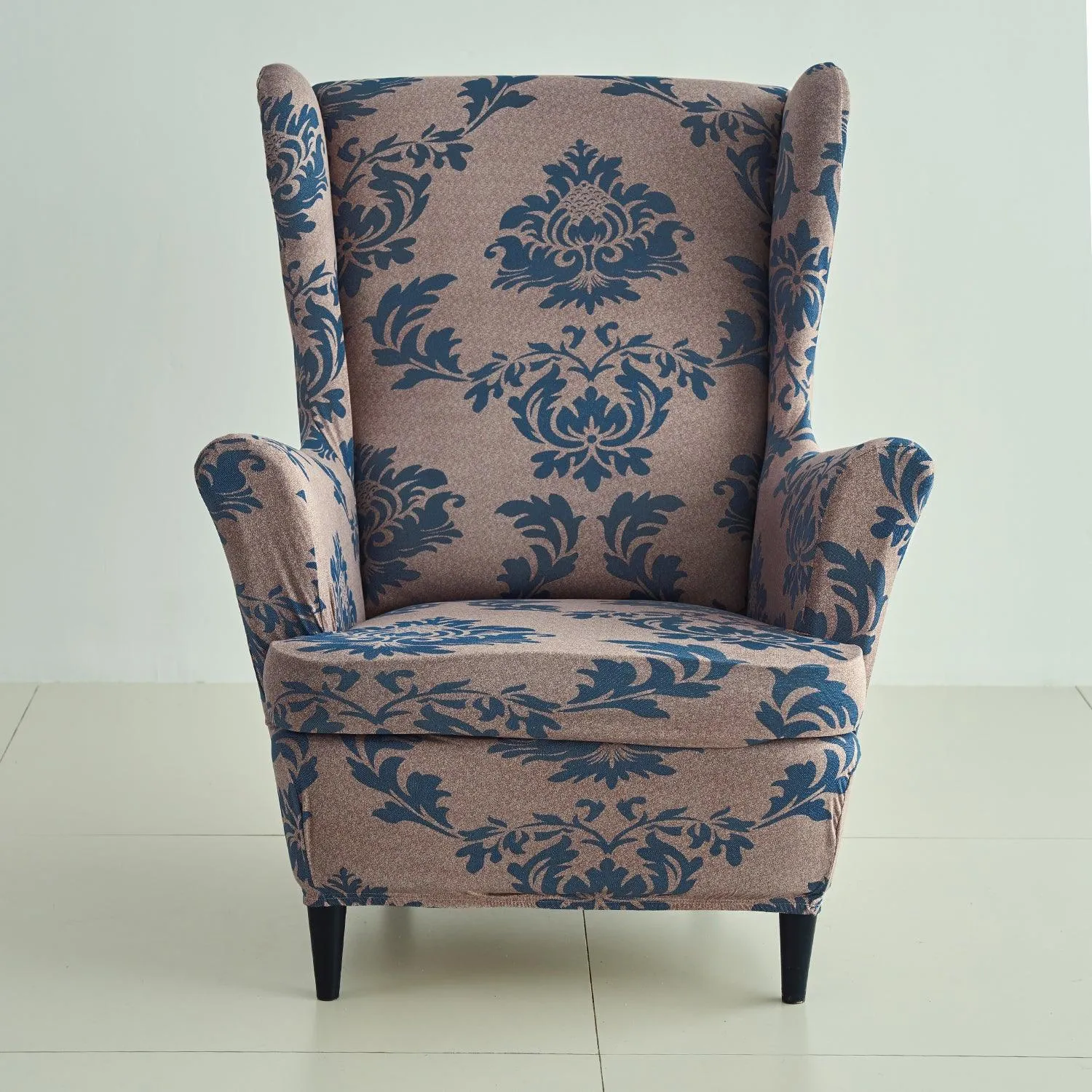 Stretchable 140 GSM Wing Chair Cover, Light Coffee Lotus Damask