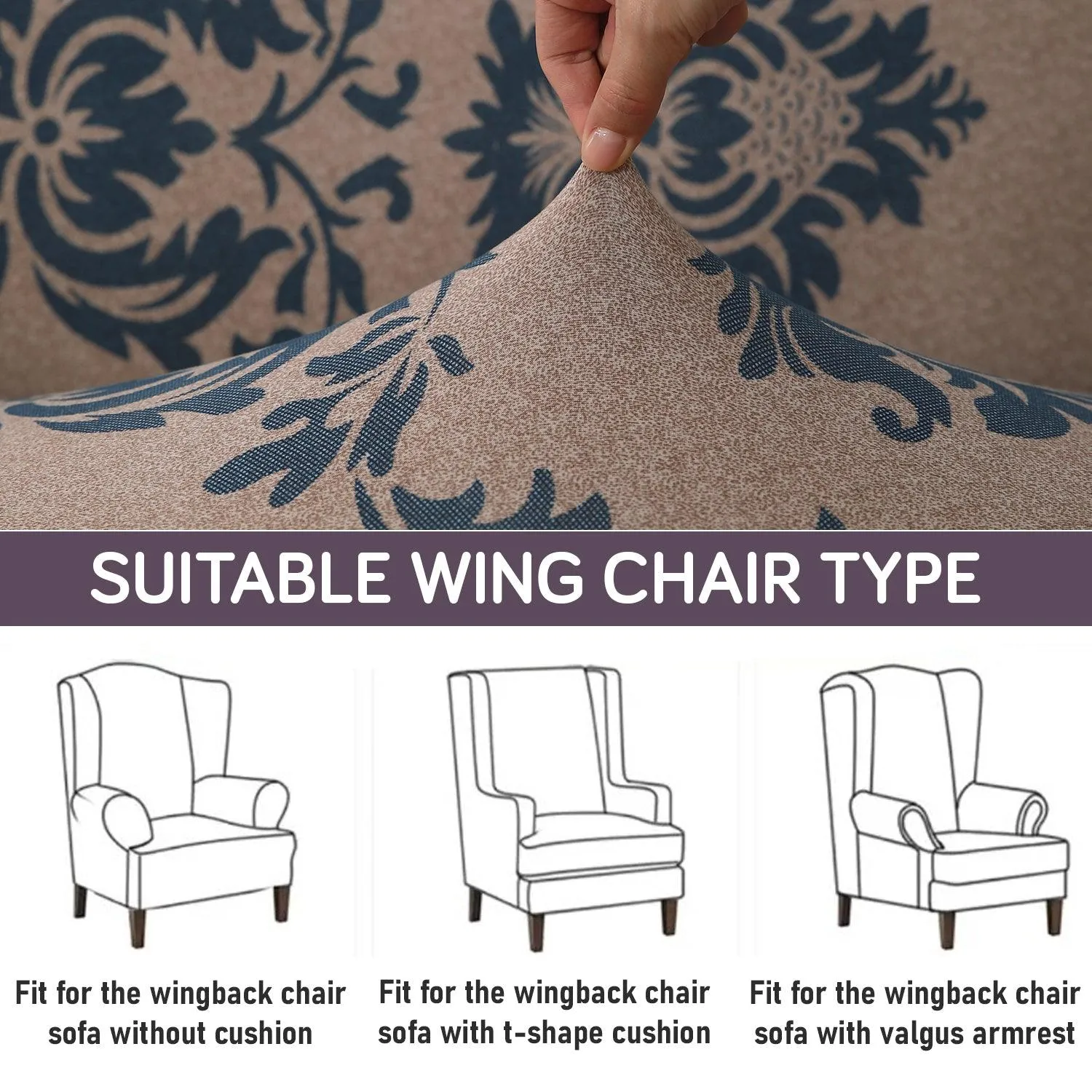 Stretchable 140 GSM Wing Chair Cover, Light Coffee Lotus Damask