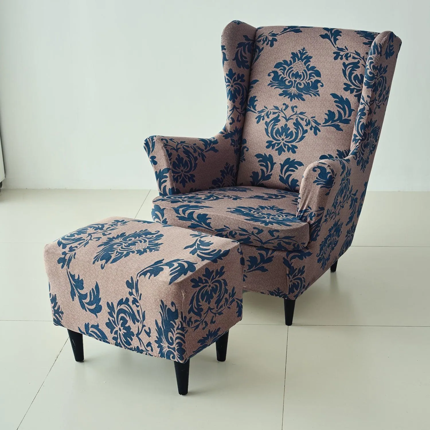 Stretchable 140 GSM Wing Chair Cover, Light Coffee Lotus Damask