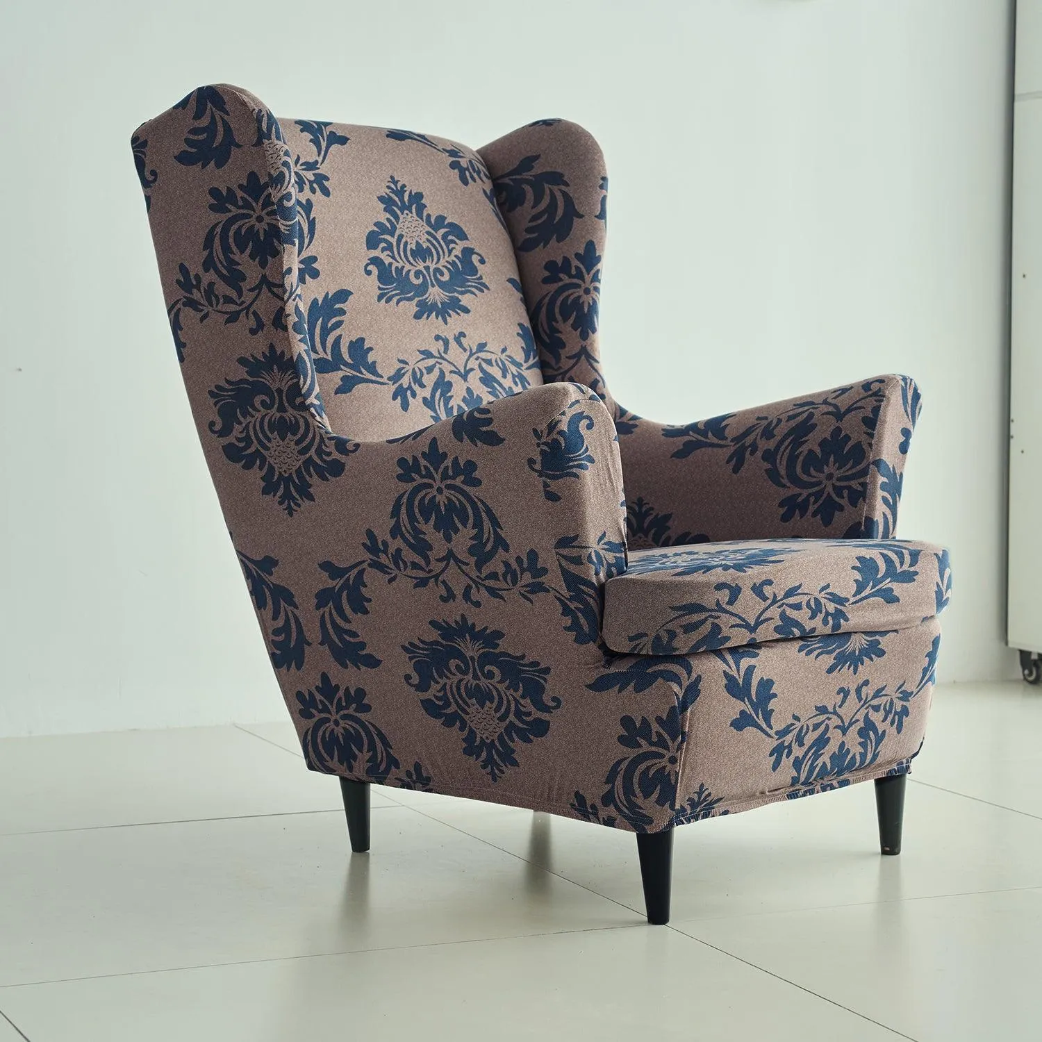 Stretchable 140 GSM Wing Chair Cover, Light Coffee Lotus Damask