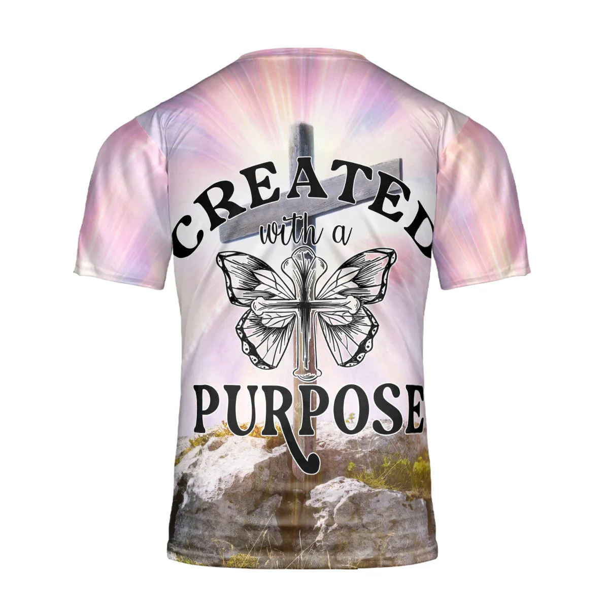 Teesdily | Jesus Cross Butterfly 3D Tshirt Christian Holy Cross All Over Print Created With A Purpose Shirt Christian Girl Women Gift Ideas