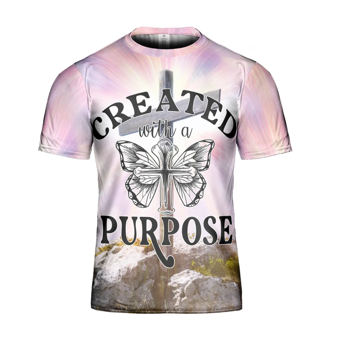 Teesdily | Jesus Cross Butterfly 3D Tshirt Christian Holy Cross All Over Print Created With A Purpose Shirt Christian Girl Women Gift Ideas