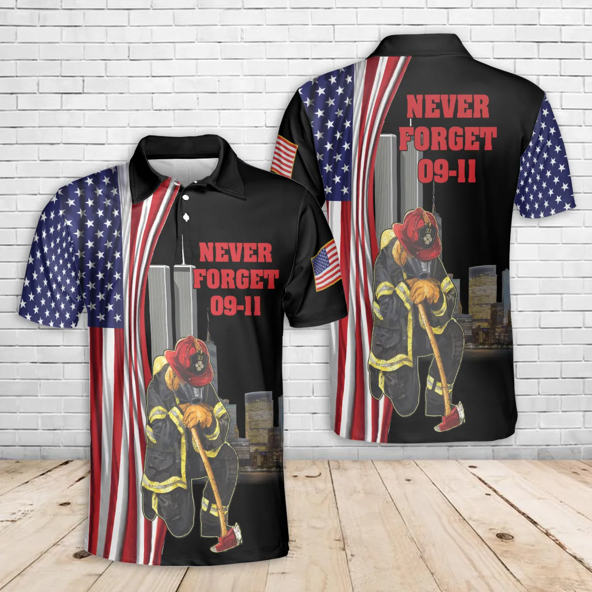 Teesdily | Never Forget September 11th Polo Tshirt 3d, Firefighter American Flag All Over Print Shirt, Patriot Day Gifts, 911 Never Forget Apparel