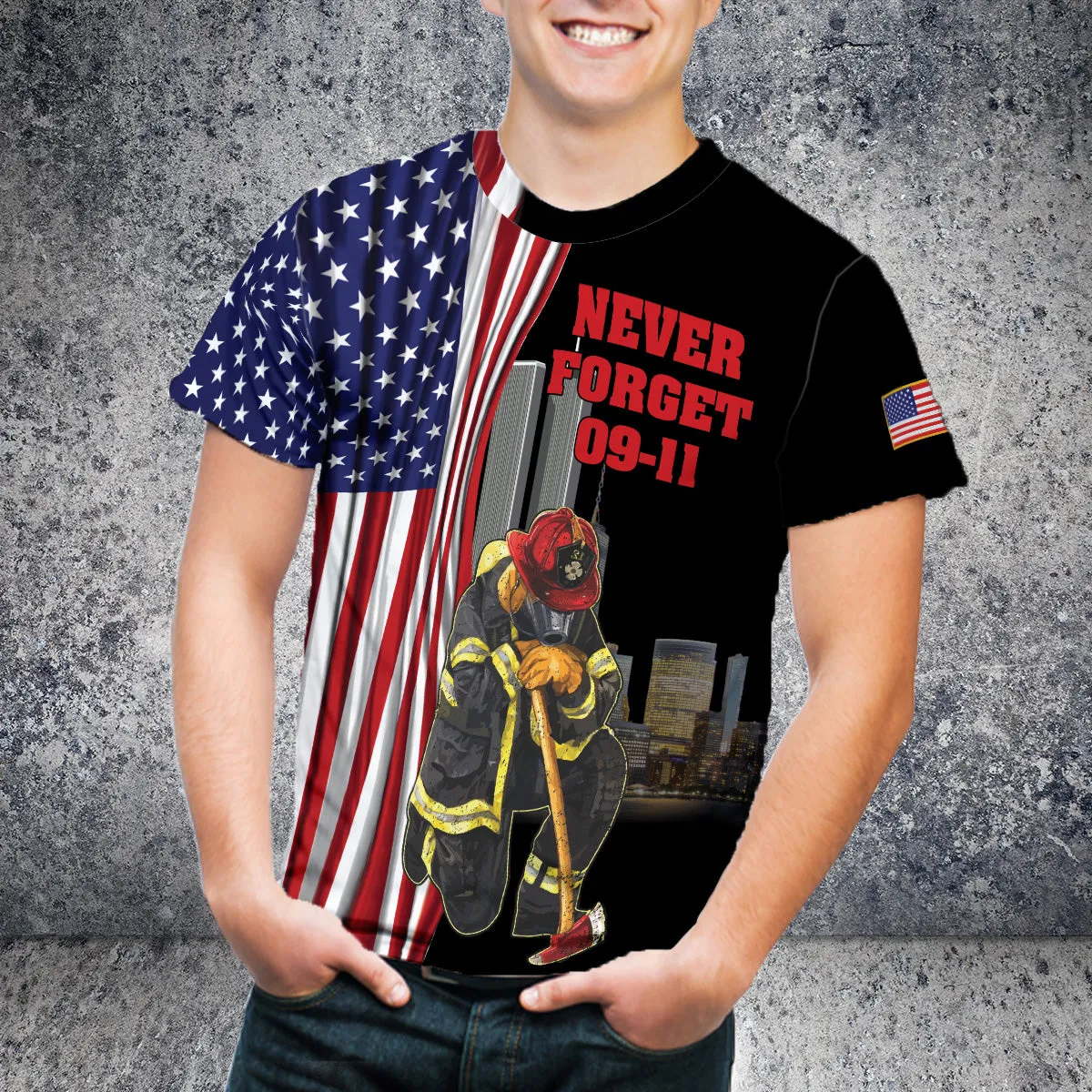 Teesdily | Never Forget September 11th Polo Tshirt 3d, Firefighter American Flag All Over Print Shirt, Patriot Day Gifts, 911 Never Forget Apparel