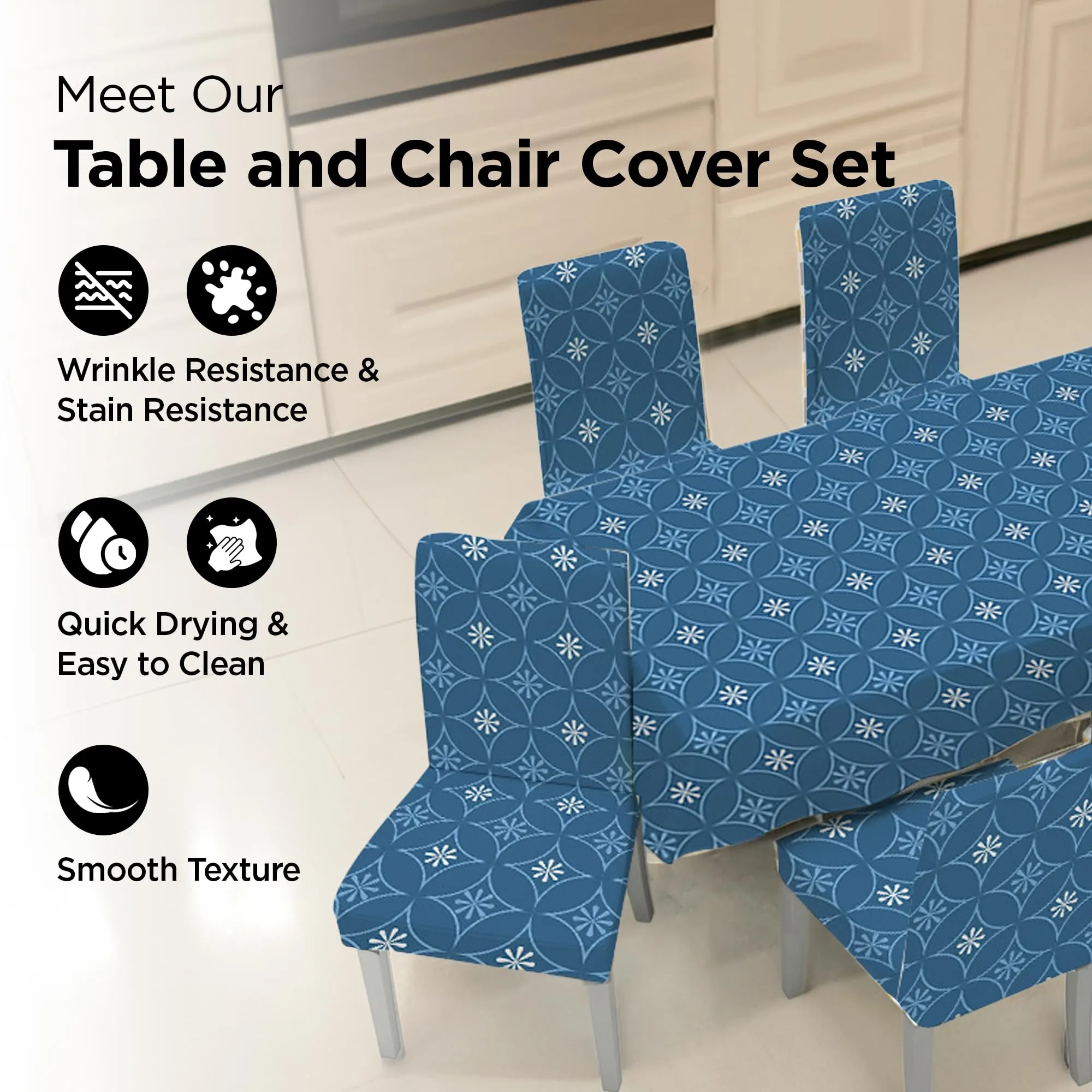 UMAI Dining Table Cloth | Dining Table Cover 4 Seater Cover Set | Water Proof Cloth Dust and Oil Repellent Washable | 4 Chairs 1 Table Cover| Floral Pattern | Blue