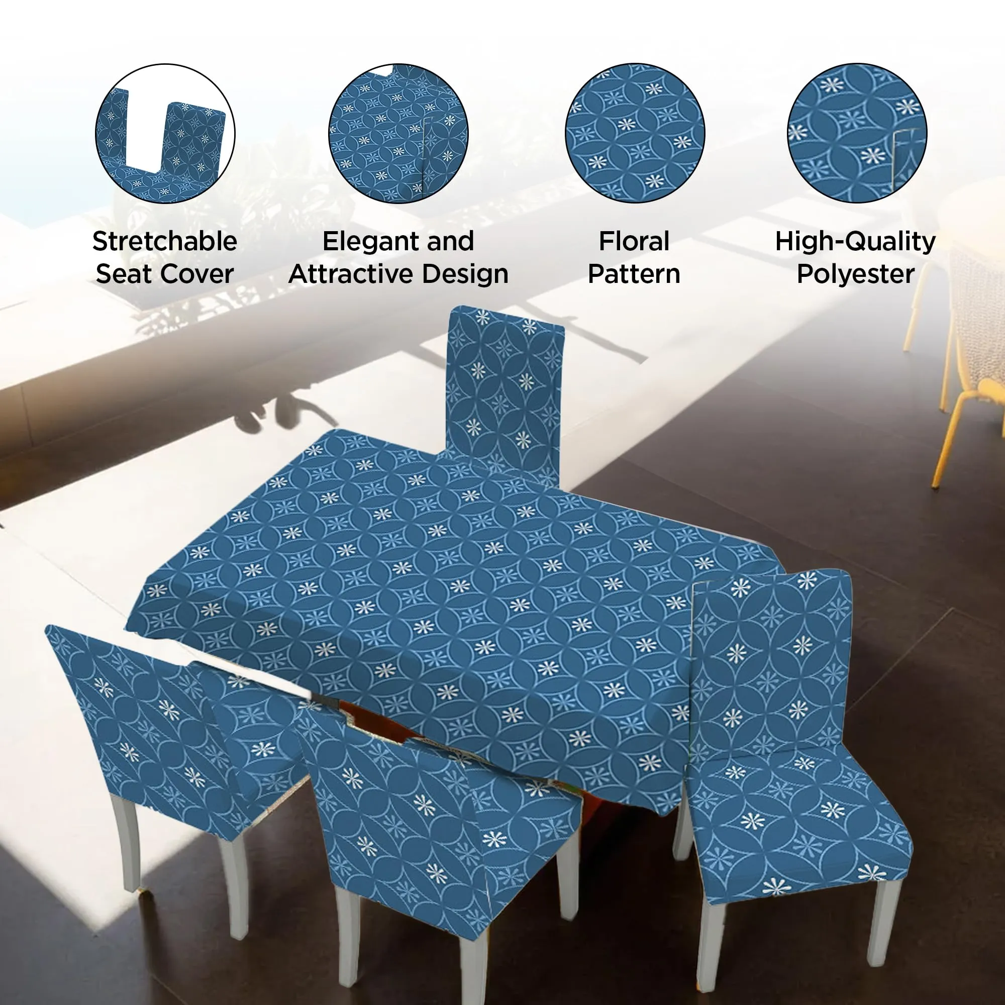 UMAI Dining Table Cloth | Dining Table Cover 4 Seater Cover Set | Water Proof Cloth Dust and Oil Repellent Washable | 4 Chairs 1 Table Cover| Floral Pattern | Blue