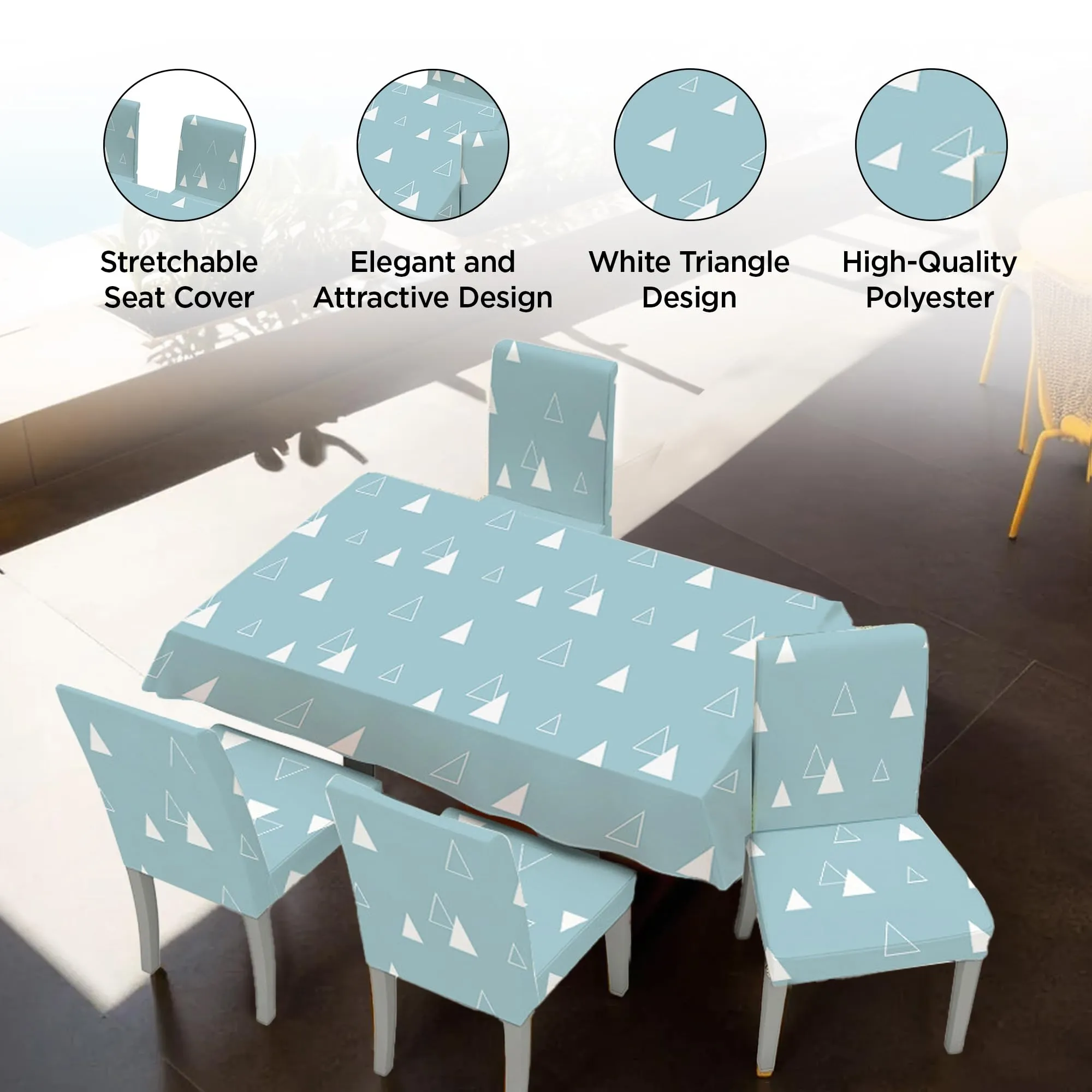 UMAI Dining Table Cloth | Dining Table Cover 4 Seater Cover Set | Water Proof Cloth Dust and Oil Repellent Washable | 4 Chairs 1 Table Cover| White Triangle Design - Blue