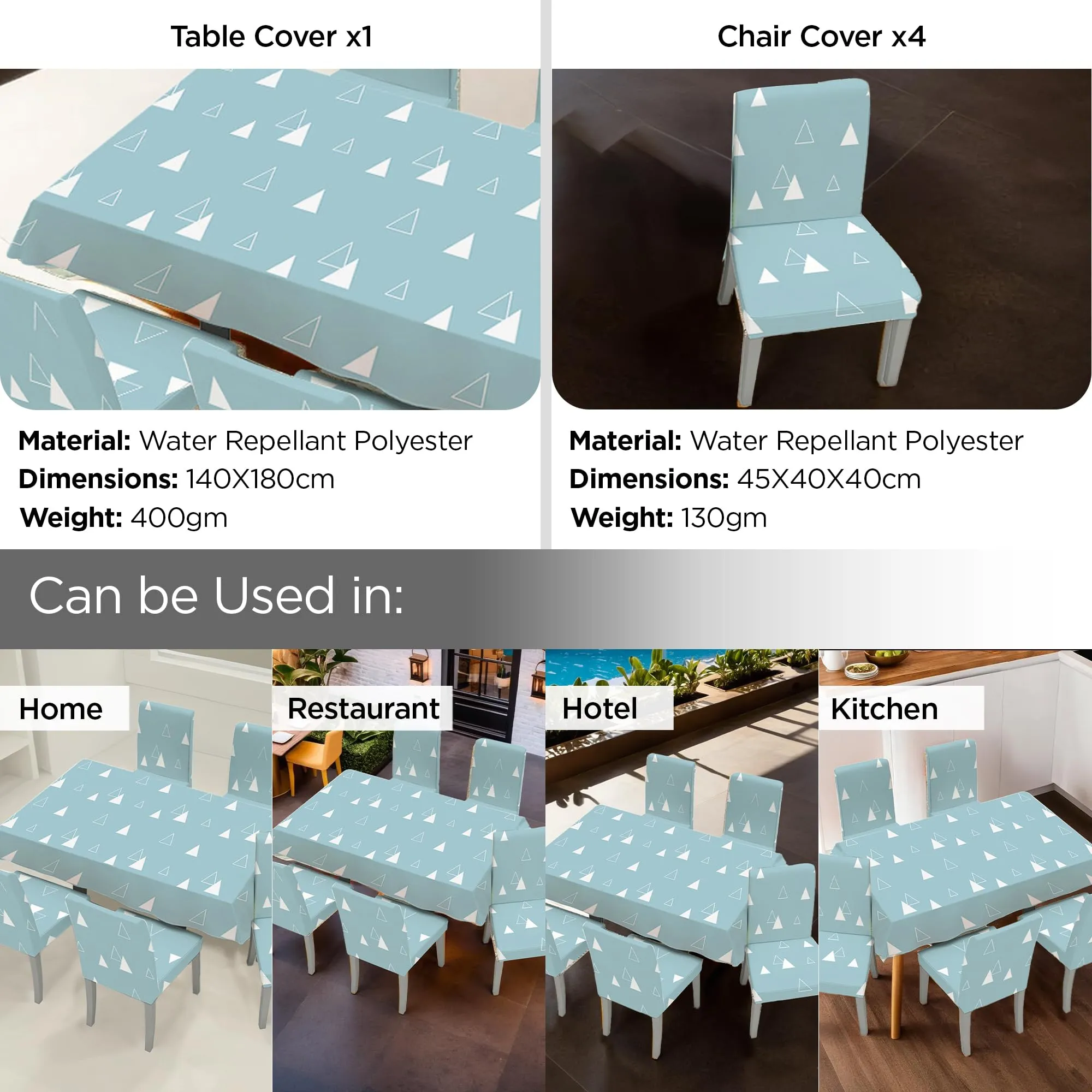 UMAI Dining Table Cloth | Dining Table Cover 4 Seater Cover Set | Water Proof Cloth Dust and Oil Repellent Washable | 4 Chairs 1 Table Cover| White Triangle Design - Blue