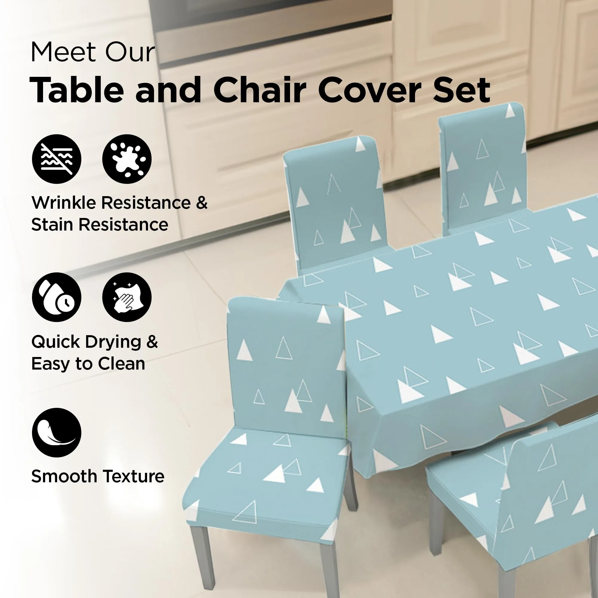 UMAI Dining Table Cloth | Dining Table Cover 4 Seater Cover Set | Water Proof Cloth Dust and Oil Repellent Washable | 4 Chairs 1 Table Cover| White Triangle Design - Blue