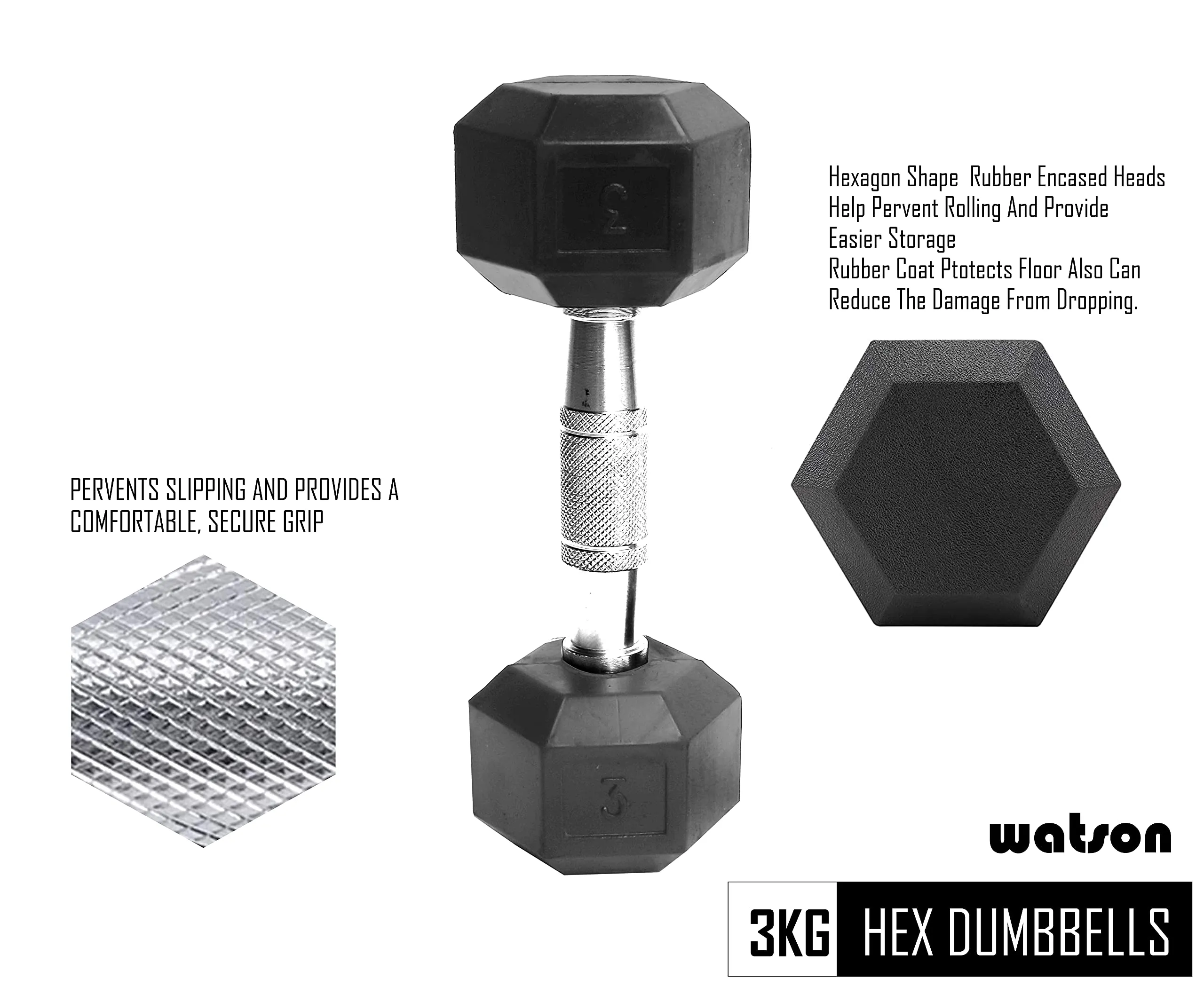 WATSON Rubber Coated Hex Dumbbell Weight Set for Men & Women (3)