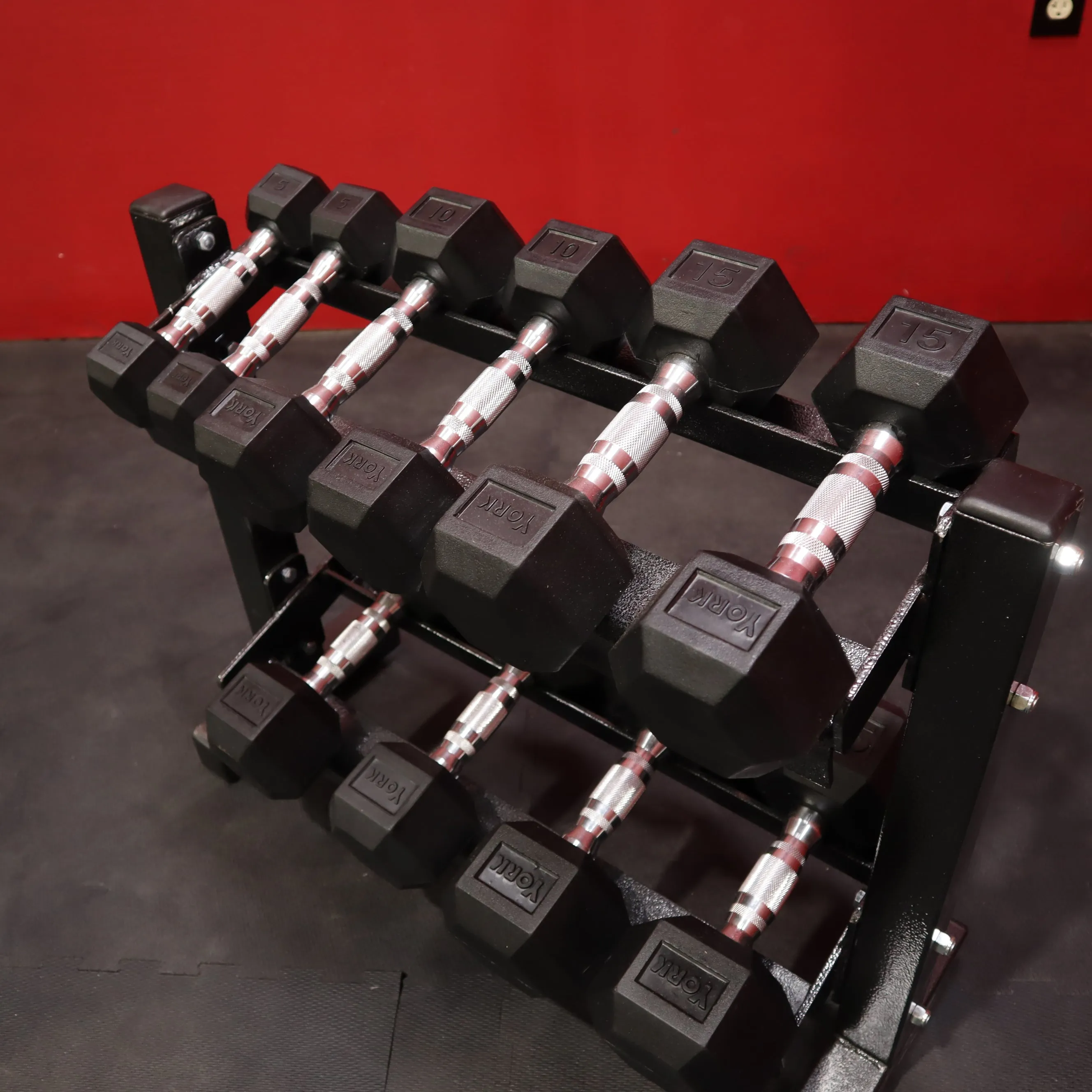 York 5-25lb Rubber Hex Dumbbell Set w/ Dumbbell Stand (New)