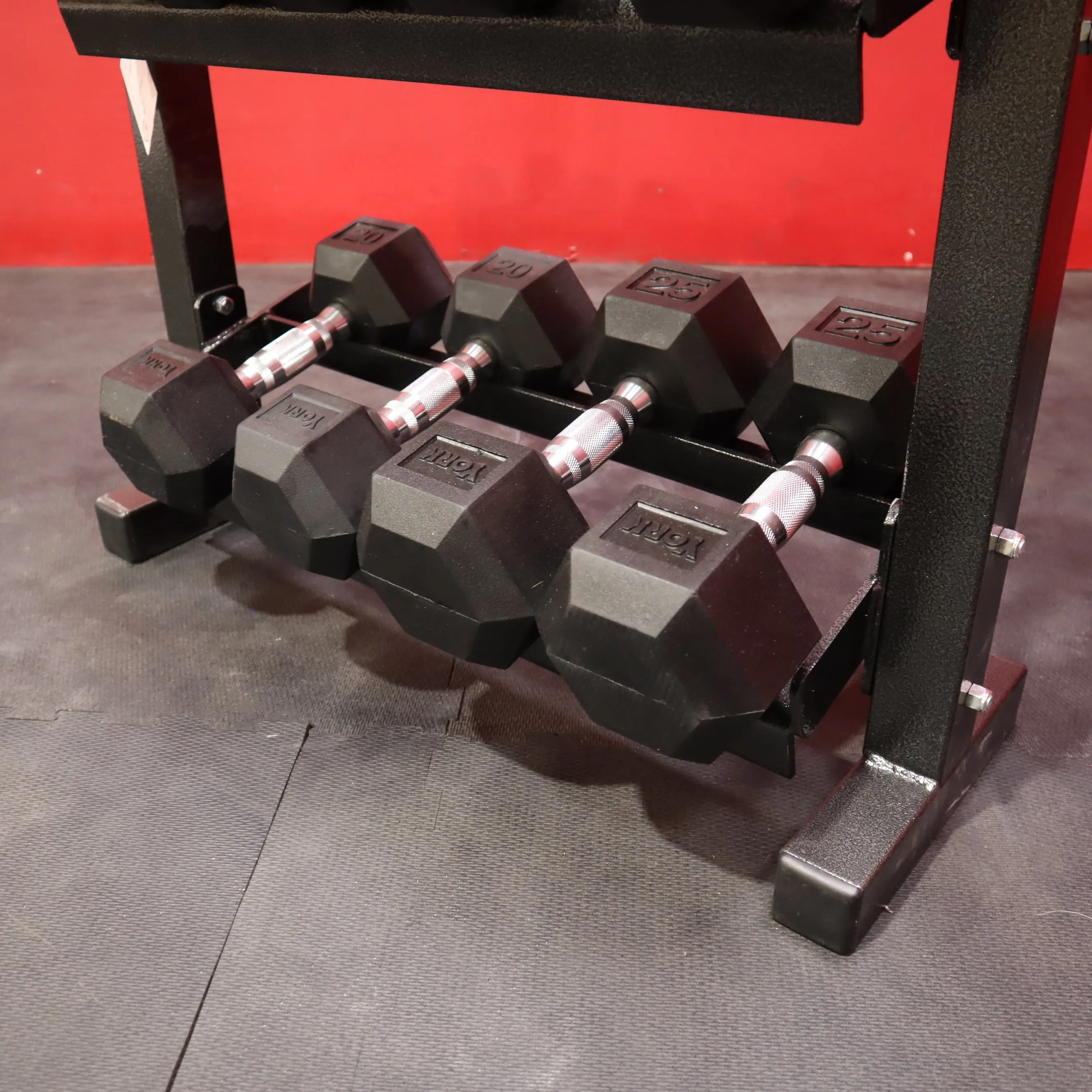 York 5-25lb Rubber Hex Dumbbell Set w/ Dumbbell Stand (New)